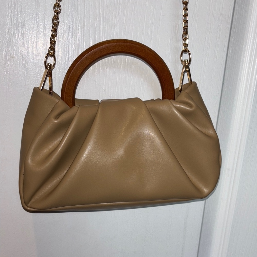 Tan Handbag with Wooden Handle Vegan Leather Adorable and Chic Crossbody Chain